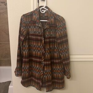 L.L. Bean flannel shirt, tunic length. Brown multi plaid.